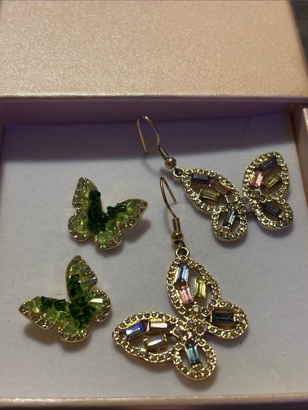 Gold-Tone Green Crystal Butterfly Earring Set